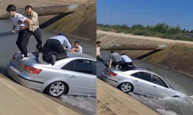 Avtomobil kanala düşdü: Ailə son anda xilas edildi - VİDEO