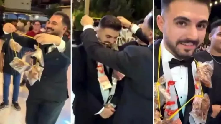 Bəyin boynuna qızıl əvəzinə ət taxdı - FOTO