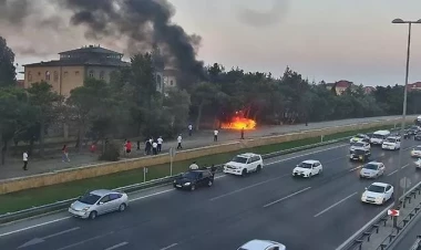 Aeroport yolunda avtomobil yanır - FOTO