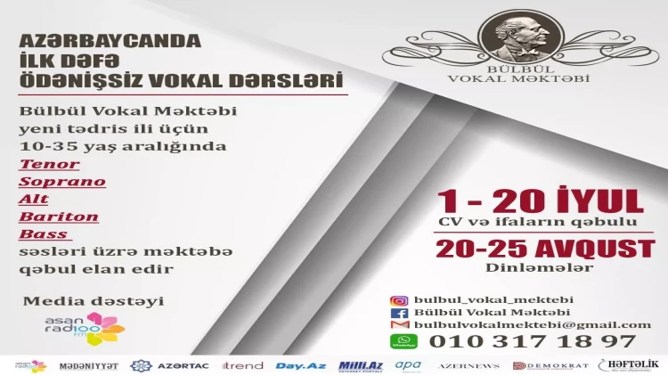 Bülbül Vokal Məktəbi ödənişsiz vokal dərslərinə tələbə qəbulu elan edir