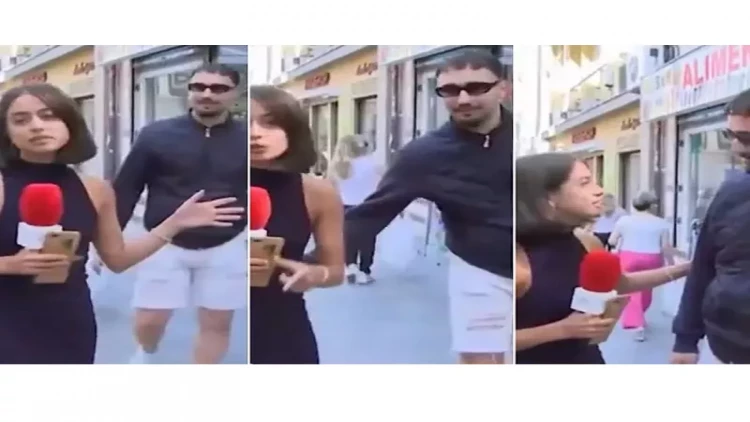 Canlı yayımda jurnalistin ombasına toxundu - Polis təcavüzdən saxladı