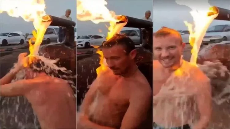 Dərbənddə yanar suda çimən turistin maraqlı görüntüləri