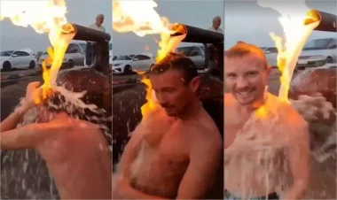 Dərbənddə yanar suda çimən turistin maraqlı görüntüləri