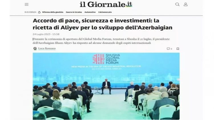 İtaliya qəzeti Azərbaycan Prezidentinin Şuşa Forumunda səsləndirdiyi fikirləri geniş işıqlandırıb