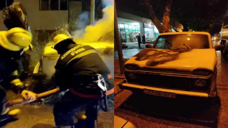 Bakıda yanan avtomobilin söndürülməsinin görüntüləri - VİDEO